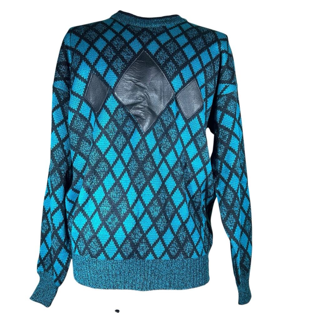 Vtg Campus Sweater Leather Accent Geometric Cosby Grandpa Mens 2X Knit Retro